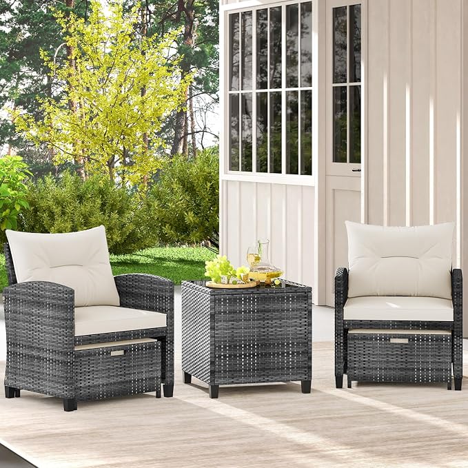 KOTEK 5 Pieces Patio Furniture Set with Ottomans, Wicker Patio Conversation Set with Coffee Table & Cushions, PE Rattan Outdoor Lounge Chairs for Backyard, Porch, Poolside (Mix Grey- Off White)