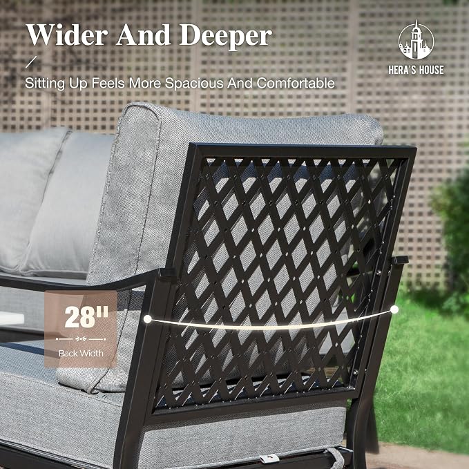HERA'S HOUSE 4 Piece Metal Patio Furniture Set, All Weather Outdoor Conversation Set with 3 Seat Sofa, 2 Rocking Chairs & Coffee Table, Seats 5 for Backyard, Garden, Deck, Grey