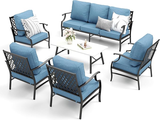 MIXPATIO Patio Furniture Set 6 pcs, Outdoor Patio Furniture, 1 X 3-Seat Sofa, 4 X Single Chairs, 1 X Coffee Table and 5.75" Extra Thick Cushion, Patio Conversation Set,Navy Blue