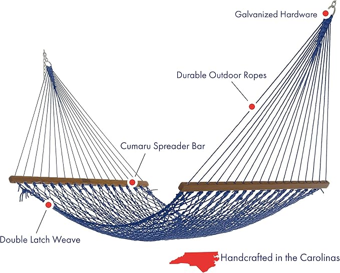 Nags Head Hammocks Captain Navy Duracord Rope Hammock with Free Extension Chains & Tree Hooks, Handcrafted in The USA, Accommodates 2 People, 450 LB Weight Capacity, 13 ft. x 55 in.