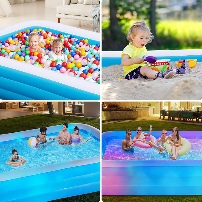 145"x74"x22", Large Solar Inflatable Pool with Lights, Oversized Thickened Blow Up Pool for Adults, 7 Color Changed Family Swimming Pool for Backyard, Outdoor