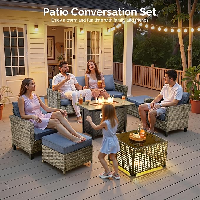 7 Piece Wicker Patio Furniture Set with Firepit Table, Denim Blue | Outdoor Deep Seating Sofa Chair Ottoman, Firepit, Solar Lights Table, Modern Conversation Set, Porch Deck Backyard