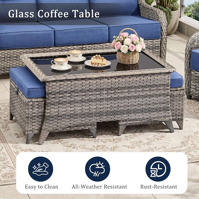 Luxury 6" Thick Cushion 9 Pieces Wicker Patio Furniture Set with High Back Swivel Rocker Chairs, Outdoor Conversation Set with Patio Couch for Deck Porch Yard and Poolside