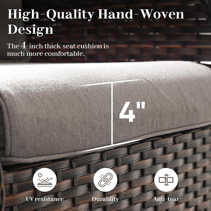 Rilyson Luxury Outdoor Wicker Glider Rocker Chairs for 4 Person, Outdoor Furniture Sets with 2 Piece Wicker Swivel Rocker Chairs, Rattan Glider Rocker Chairs with Table for 2 Seats Brown/Grey