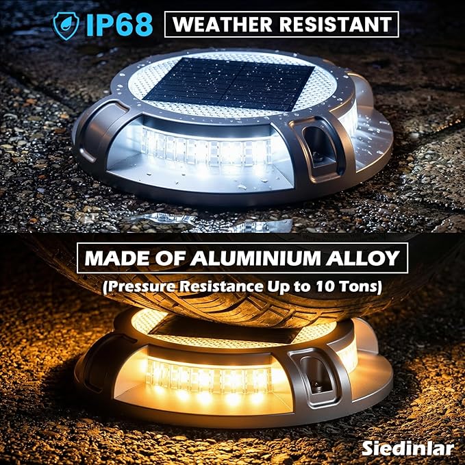SIEDiNLAR Solar Driveway Lights Outdoor 4 Modes 40 LEDs Dock Driveway Markers Deck Light Waterproof for Step Ground Walkway Pathway Yard Garden, White/Warm Dynamic Lighting (12 Pack)