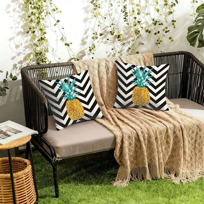 20x20 Inch Outdoor Pillow Covers Set of 2 Waterproof Throw Pillow Covers Decorative Couch Cushion Covers Pineapple On Stripes Square Pillowcases Protectors for Patio Garden Sofa