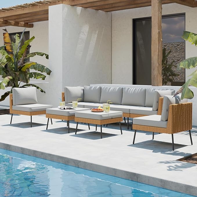 Aoxun 8 Piece Patio Furniture Set, 8 Seats Outdoor Sectional Sofas with Thick Cushion, Wicker Outdoor Patio Furniture Set with Ottomans for Party, Garden, Backyard, Grey