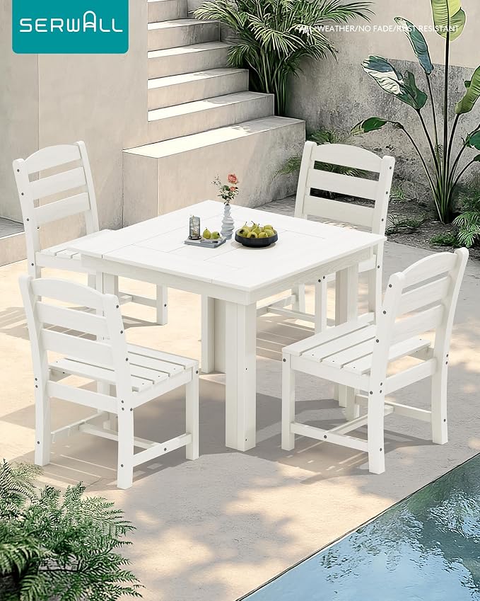 SERWALL Outdoor Dining Set for 4, HDPE Square Table and Chairs Set All Weather Patio Dining Set with 4 Armless Chairs for Patio, White