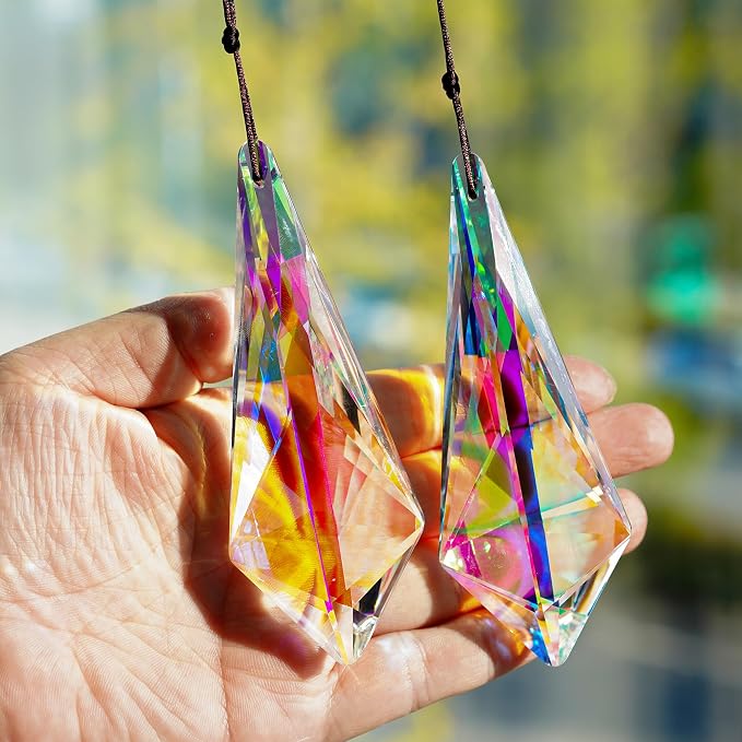 2 Pcs AB Coating Crystal Horn Prism Suncatcher Rainbow Window Decor | AB Coating Crystal Horns Prisms Suncatcher Rainbow Maker Hanging Pendants for Wedding Party Christmas Tree Window Decor