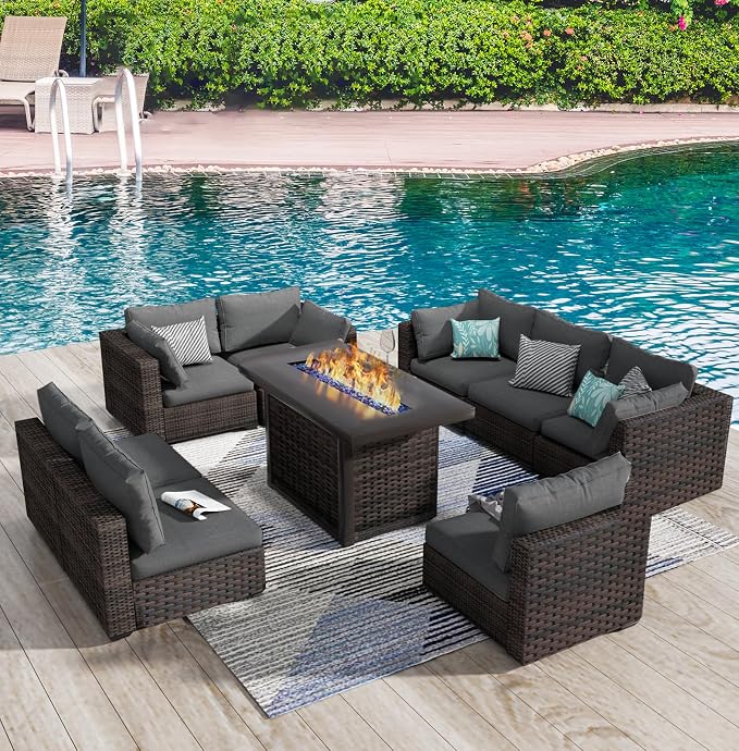 9 Piece Patio Furniture Set with 44" Fire Pit Table, Outdoor Sectional Couch, PE Rattan Patio Conversation Sets with 4inch Cushions for Backyard Grey