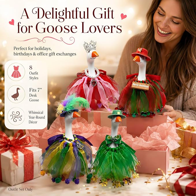 8Set Holiday Outfits for Desk Goose Statue, Seasonal Costumes for 7" Mini Goose, Festival Accessories for Mardi Gras, Valentine's, St. Patrick's, Easter, 4th of July, Thanksgiving, Halloween&Christmas