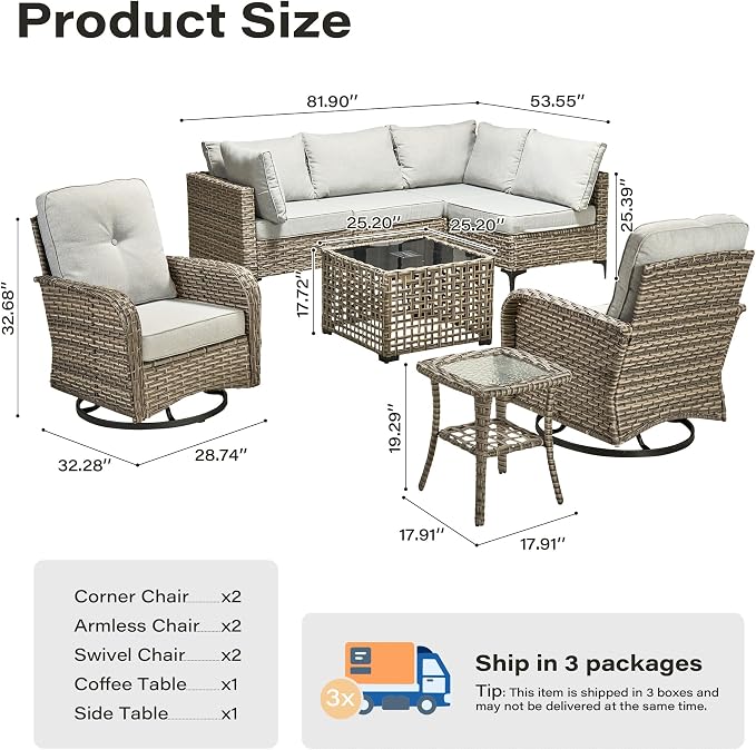 8 Pieces Outdoor Sectional Patio Furniture Set with Swivel Rocking Chairs,Conversation Sets Rattan Wicker L Shaped Couch,Modular Outdoor Sofa for Porch Balcony Backyard Grey