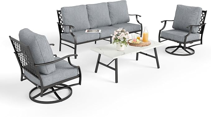 MIXPATIO Patio Furniture Set 4 pcs, Outdoor Patio Furniture, 3-Seat Sofa, 2 Swivel Chairs, Coffee Table and 5.75" Extra Thick Cushion, Patio Conversation Set for Backyard Deck,Grey