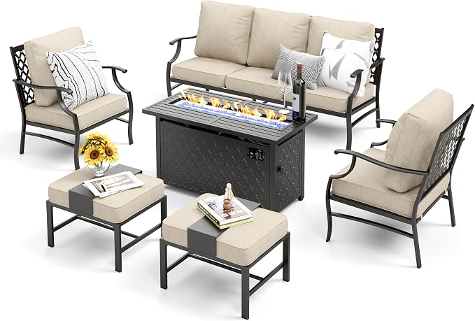 MIXPATIO Patio Furniture Set, 6 Pcs Metal Outdoor Conversation Set, 2 Single Chairs, 2 Ottomans and 3 Seater Sofa with 5.75" Extra Thick Cushion and Gas Fire Pit Table, Beige