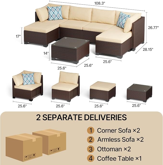 Gizoon 7 Pieces Outdoor Patio Furniture Set, All-Weather PE Rattan Wicker Sectional Sofa Seating with Waterproof Cushions and Coffee Table, Outdoor Conversation Set for Garden, Backyard, Balcony