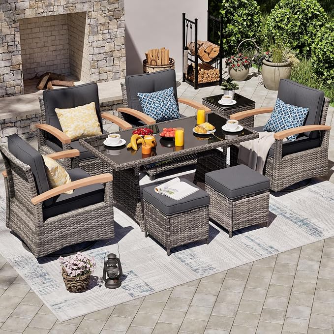 MEISSALIVVE 8 Pieces Patio Furniture Sets, PE Wicker Outdoor Conversation Sets with 2 Wood Armrests Swivel Rocker Chairs, 2 Fixed Single Chairs, 2 Ottomans and Dining Table(Grey)