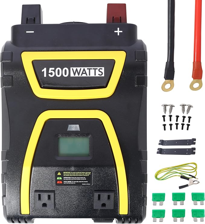 1500W Vehicle Power Inverter Modified Sine Wave with LED Screen and 3AC Socket Portable AC Power Emergencies 12V to 115V for Truck RV Emergency Backup Plastic Black
