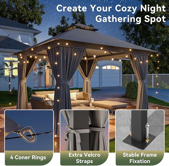 10'x10' Gazebo, Outdoor Gazebo Metal Frame Canopy with Double Roofs, Heavy Duty Patio Tent Shelter with Mosquito Netting and Privacy Screen for Backyard, Grey