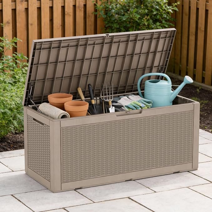 Vixzen 121 Gallon Waterproof Large Deck Box, Lockable Resin Outdoor Storage Box with Hydraulic Lid, Durable Storage Bin for Patio Furniture Cushions, Garden Tools, Pool Accessories, Grey