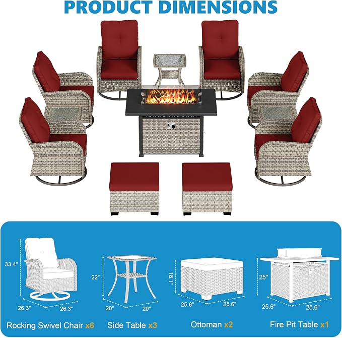 12-Piece Small Patio Furniture Set, Outdoor Swivel Rocking Chairs Set with 55,000 BTU Fire Pit Table Wicker Chairs and Ottomans, Patio Bistro Set for Balcony, Deck, Porch, Red
