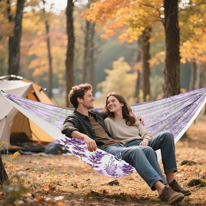 Lavender Flowers Camping Hammock, Portable Lightweight Single Hammock with Tree Straps and Aluminum Carabiners, 114" x 54" Travel Hammock for Hiking Backpacking Beach