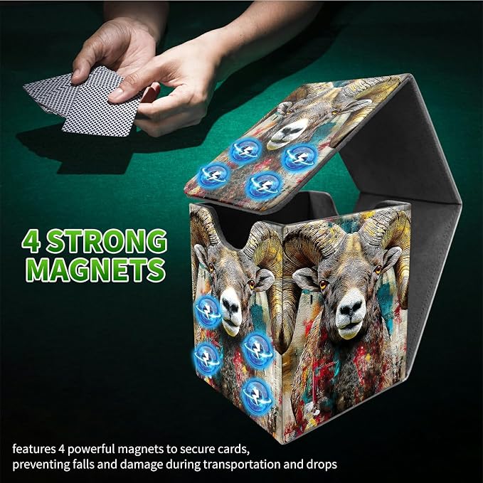 Brown Bighorn Sheep Card Deck Box for MTG, Personalized Card Storage Case Fits 120+ Sleeved Cards, Premium Leather TCG Box with Strong Magnetic Closure for Magic, CCG, PTCG, Baseball Cards