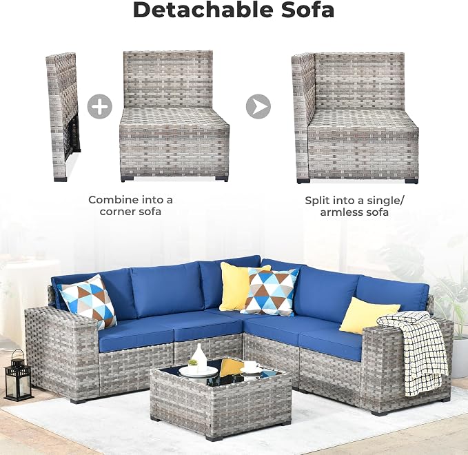 ovios 6 Pieces Patio Furniture Set, Outdoor Wicker Sectional Sofa with Coffee Table Comfy Cushions, Modern Modular Deep Seat Couch Rattan Conversation Set, Navy Blue