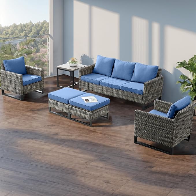 Rilyson Luxury Wicker Outdoor Patio Furniture Set of 5-5 Piece Patio Conversation Set with Ottoman*2, Wicker Chairs*2, Metal Side Table*1 for Outside Porch Deck Backyard Garden(Mixed Grey/Blue)
