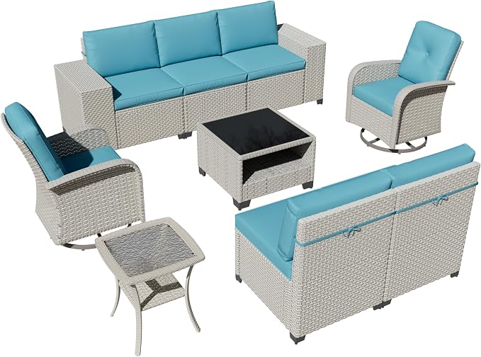9-Piece Outdoor Patio Furniture Set, Modular Sectional Sofa Set with Swivel Rocker Chairs, Wicker Outdoor Couch Conversation Sets w/Coffee Table and Cushions, Turquoise