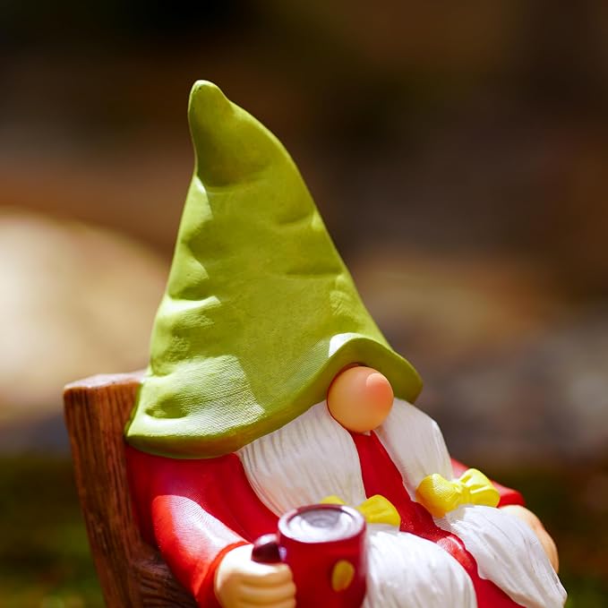 Solar Powered Relax Garden Gnome Statue, Rocking Chair Gnome 6.5“ with Glowing LED Nose & Coffee Cup, Hand Painted Resin Outdoor Indoor Decor Ornament for Patio Lawn Yard Home, Calming Novelty Gift