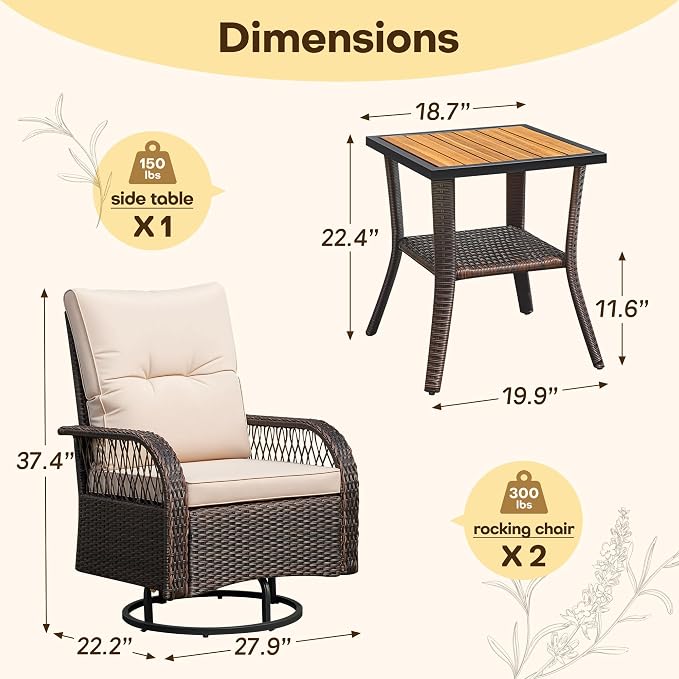 Devoko Patio Furniture Set Outdoor 3 Pieces Wicker Swivel Rocking Chairs Set of 2 with Coffee Table, Patio Conversation Set for Porch, Balcony, Deck, Garden (Brown)
