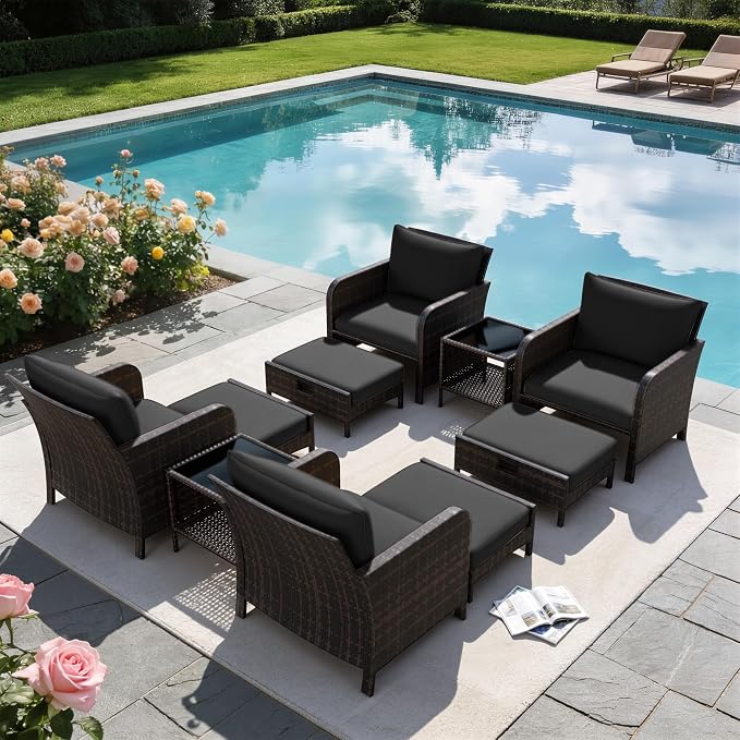 LEVELEVE Patio Conversation Set 5 Piece, Balcony Furniture Outdoor PE Rattan Wicker Lounge Chairs with Soft Cushions, 2 Ottomans & Glass Table for Porch Lawn, Brown (Black Cushions