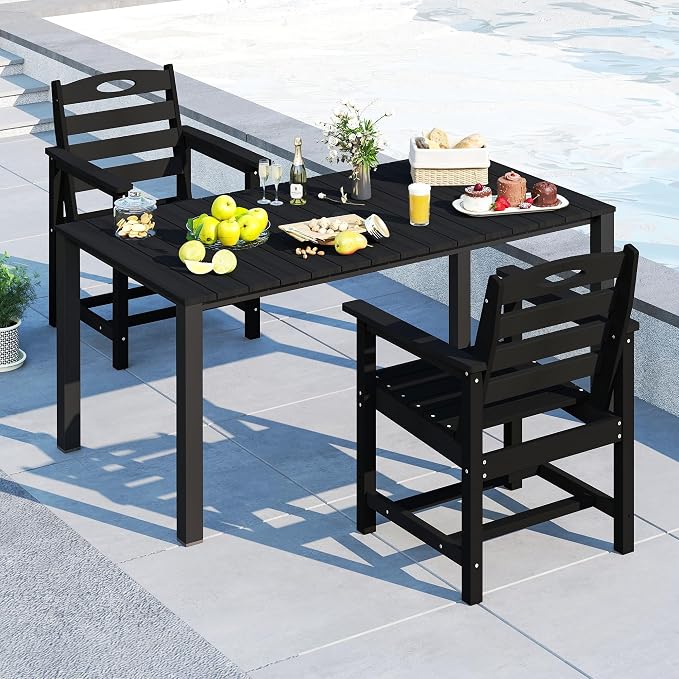 Domi HDPE Outdoor Dining Set, All-Weather 3 Piece Outdoor Dining Table Set with 2" Umbrella Hole, Outdoor Patio Dining Set for Garden, Poolside, Backyard, Deck, Black
