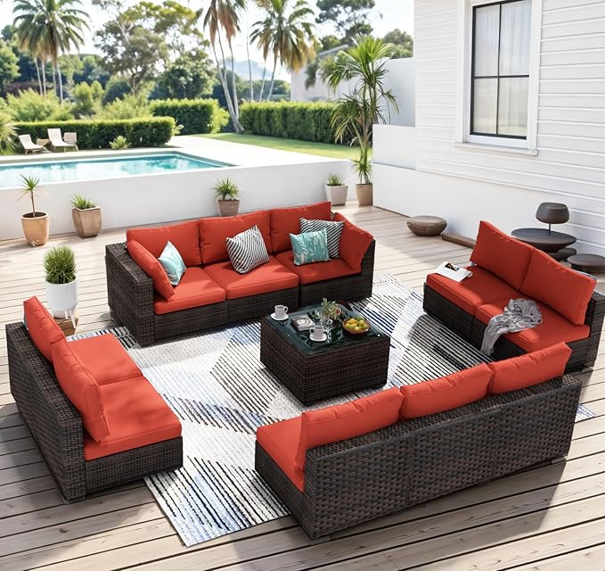 11 Piece Patio Furniture Set All Weather PE Rattan Outdoor Sectional Sofa Couch with No-Slip Cushions and Glass Top Table for Garden, Poolside, Backyard (Red)