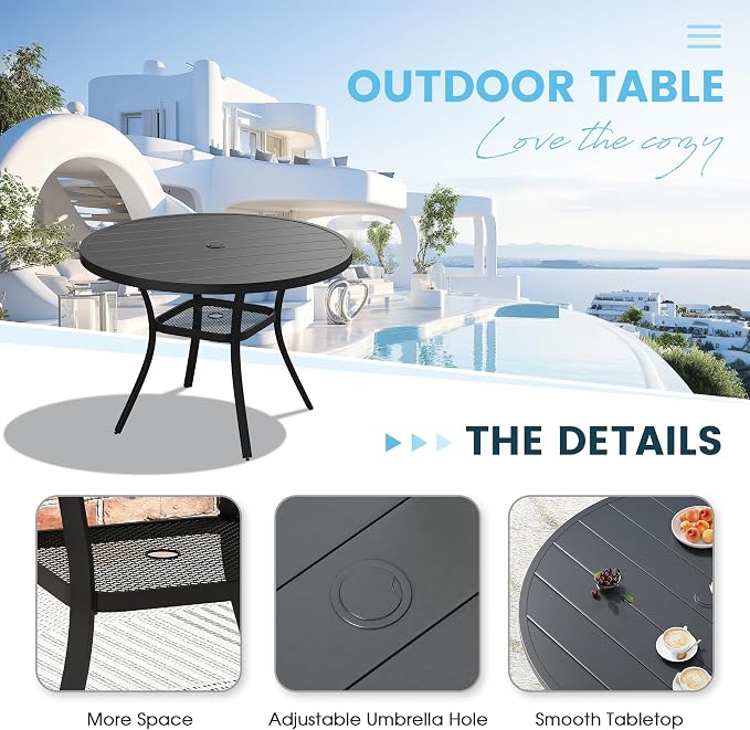 5 Pieces Patio Furniture Dining Set, 4 Textilene Swivel Dining Chairs, 41" Outdoor Round Metal Table with Storage Shelf and 1.57" Umbrella Hole, Outdoor Dining Set for Porch, Lawn, Black/Blue