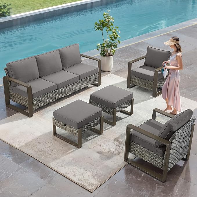 Belord 5 Piece Outdoor Wicker Patio Conversation Furniture Set Deep Seating, Metal Wide Armrests Patio Sofa Set with Rattan Chairs Ottomans for Porch Deck Sunroom Backyard