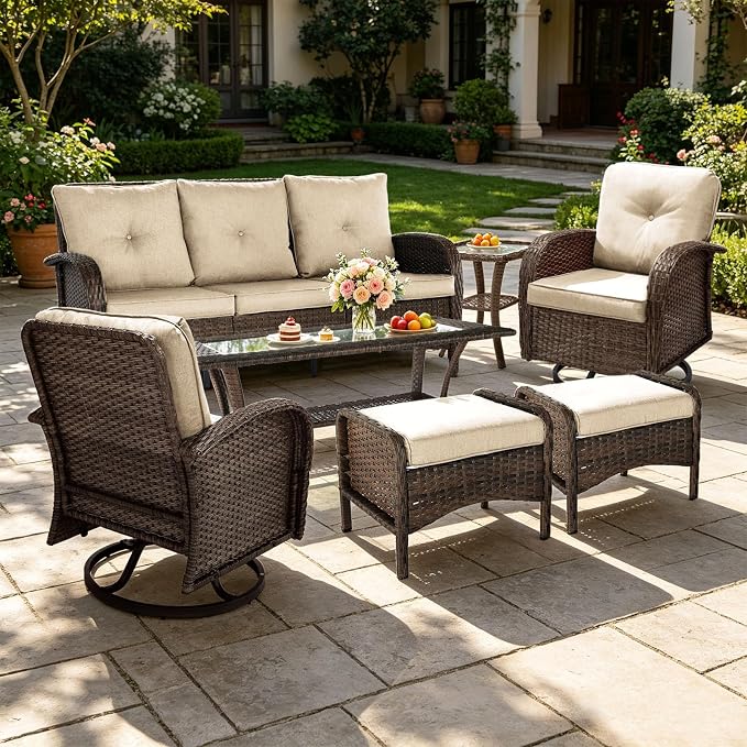 All Weather Patio Furniture Set, High Back Swivel Rocker Glider Chairs,Ottomans & Glass Tables, Outdoor Conversation Set for Deck Porch Yard Poolside (Brown, 7PCS-Sofa&Swivel Chairs&Ottomans&Tables)