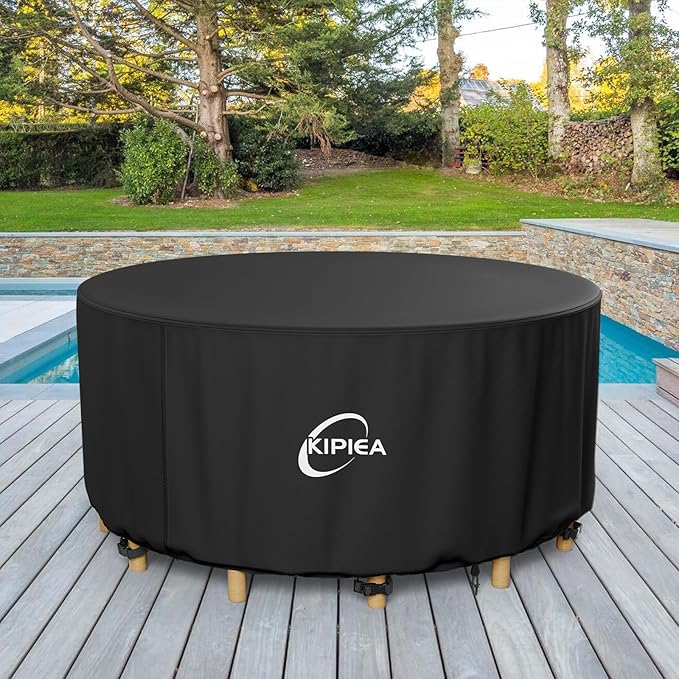 Kipiea Round Patio Table Cover Waterproof, Heavy-Duty Round Patio Furniture Covers, No Tears Anti UV No Fading (62" Dia x 28" H)