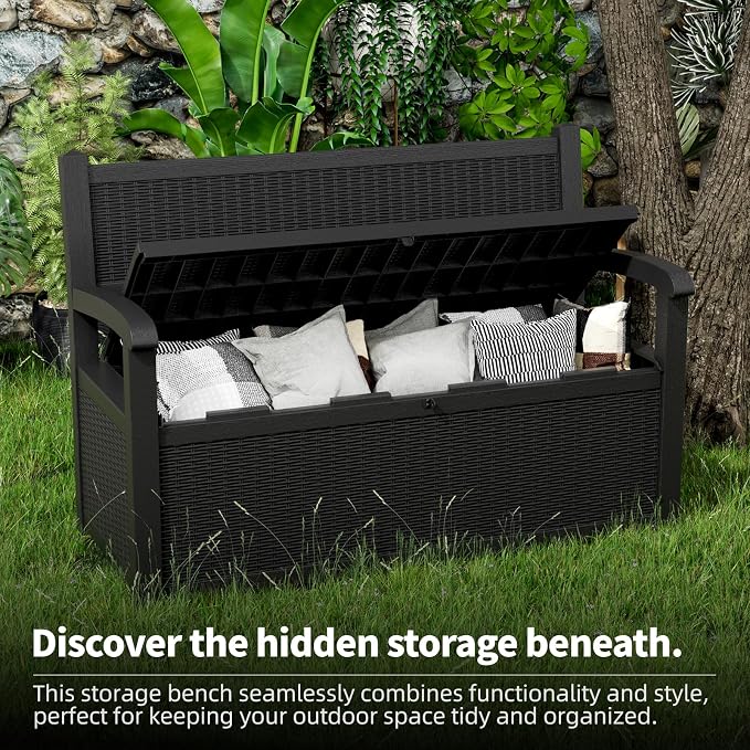 80 Gallon Storage Bench Deck Box Resin Patio Furniture with Armrest, Waterproof and UV Resistant Lockable for Patio Furniture, Garden Decor and Outdoor Seating for Cushions, Garden Tools,Black