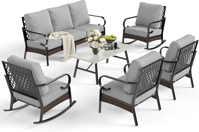 SUNSHINE VALLEY 6 Piece Metal Outdoor Patio Furniture Set, Patio Conversation Set with 1 3-Seater and 2 Fixed Sofas, 2 Rocking Sofas with 5.75" Cushion & Coffee Table, Black and Light Gray