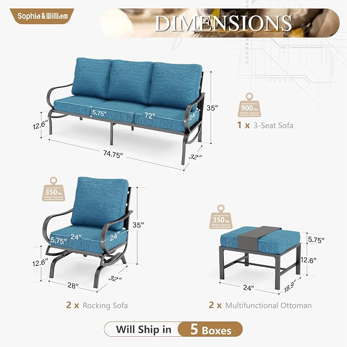 Sophia & William Patio Furniture Sets 5 Seats Outdoor Metal Conversation Sets 5 Pcs with 2 x Cushioned Swivel Sofa Chairs,1 x 3-Seat Sofa,2 x Ottomans for Coffee Lawn Backyard Poolside Peacock Blue