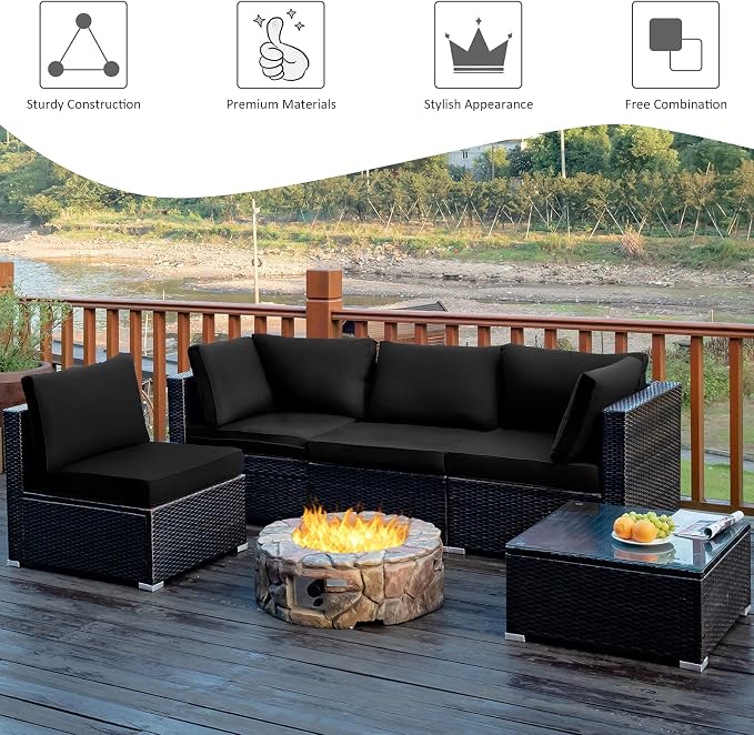 Tangkula 5 Pieces Patio Furniture Set, All Weather Wicker L-Shaped Corner Sofa Set w/Soft Cushions, Outdoor Sectional Conversation Couch Set w/Glass Table for Backyard Garden Poolside (Black)