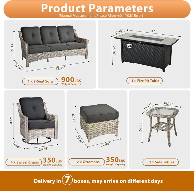 10 PCS Outdoor Patio Furniture Sets, Patio Conversation Sets Outside Rattan Soft Cushion Sofa with 4 Wicker Rocking Chairs & 54 in Fire Pit Table Fit Backyard Porch Garden Poolside Balcony,Black