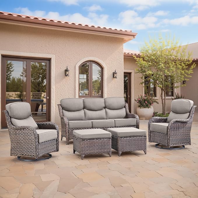 Swivel Patio Chairs sofa Set of 4 with 6" Thick Cushion - Wicker Outdoor Swivel Rocker Patio Chair with Side Table, High Back Comfortable Outdoor Glider Chairs - Brown Wicker | Grey Cushions