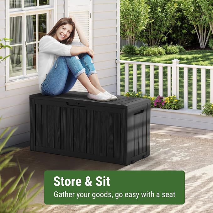 Mars Villa 72 Gallon Deck Box, Waterproof Weatherproof and UV Resistant Resin Storage Bin with Lockable Lid, Ideal for Outdoor Patio Furniture Cushions, Pool Supplies, Garden Tools, Black
