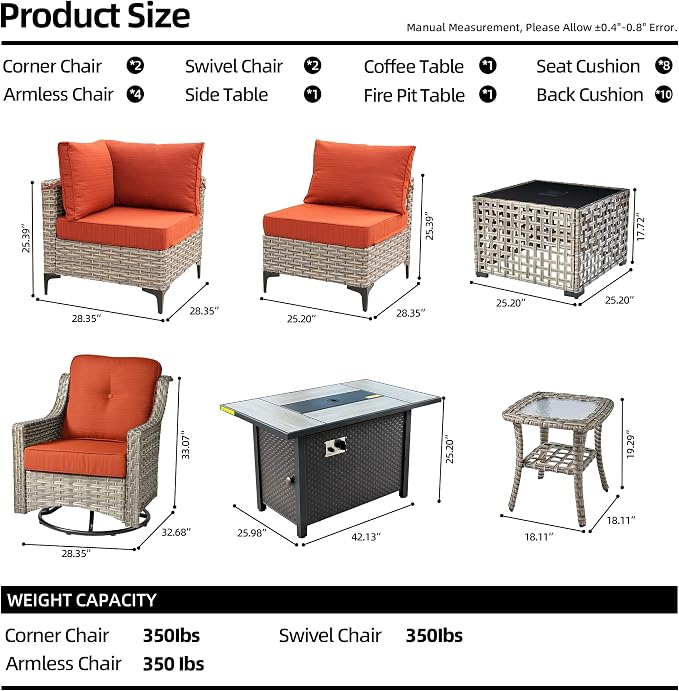CAODOC 11 Pieces Outdoor Patio Furniture Set, Rattan Wicker Sectional Swivel Rocker Chairs Sets with Fire Pit, Swivel Glider Chairs, and Solar Powered Table