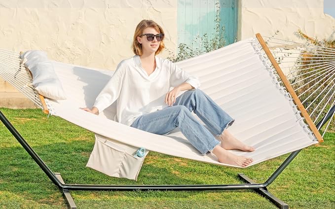 GAFETE 2 Person Hammock with Stand for Outside, Heavy Duty Steel Stand, Double 55inch Hammocks, Large Removable Pillow, Storage Bags, Max 475 lbs Capacity (Beige)