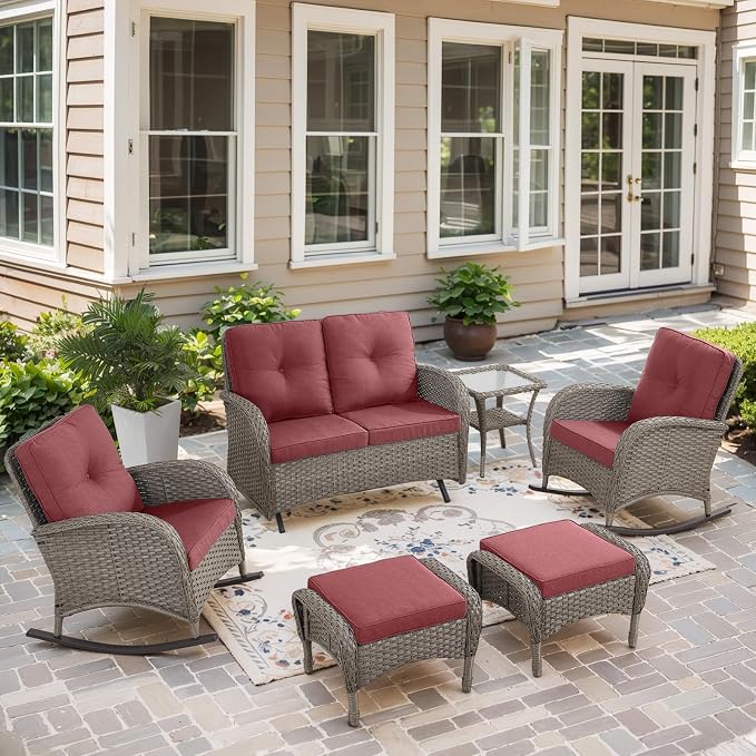 Belord 5 Piece Outdoor Conversation Patio Furniture Set - All-Weather Wicker Patio Rocking Chairs with Loveseat Glider Chair and Coffee Table for Patio Deck Porch Backyard Gray Wicker Red Cushion