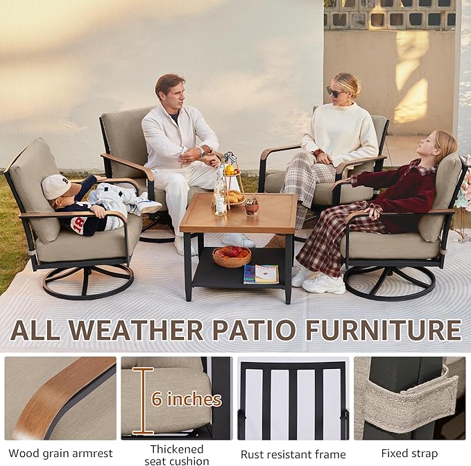 NATURAL EXPRESSIONS Patio Furniture Sets,Modern Metal Outdoor Conversation Sofa Set with 4 Pc High Back Swivel Rocking Chairs,Anti-Scald Armrest,Double-Deck Wooden-GrainTable, 6" Cushions for Balcony