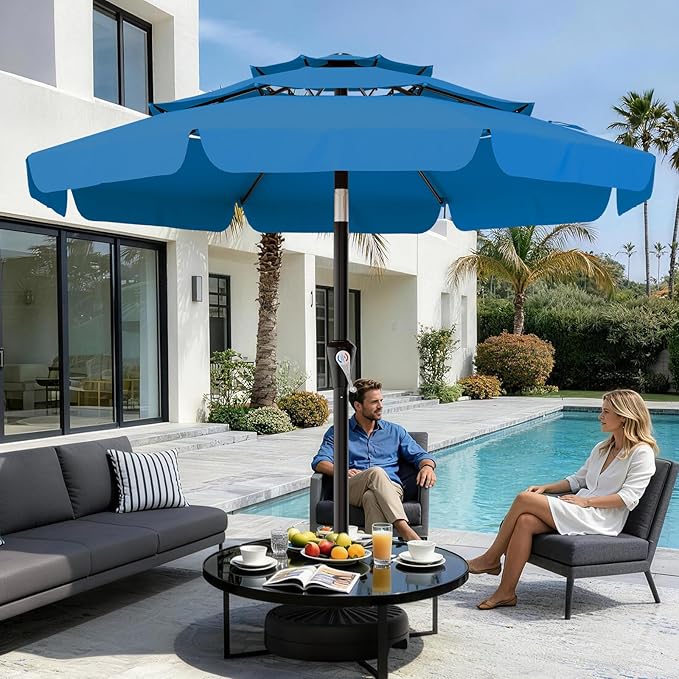 AreShark 10FT 3-Tiers Patio Umbrella with Valance, Outdoor Umbrellas with Crank/Tilt, Table Market Umbrella Vented w/ 8 Sturdy Ribs for Garden, Deck, Backyard, and Pool, Royal Blue